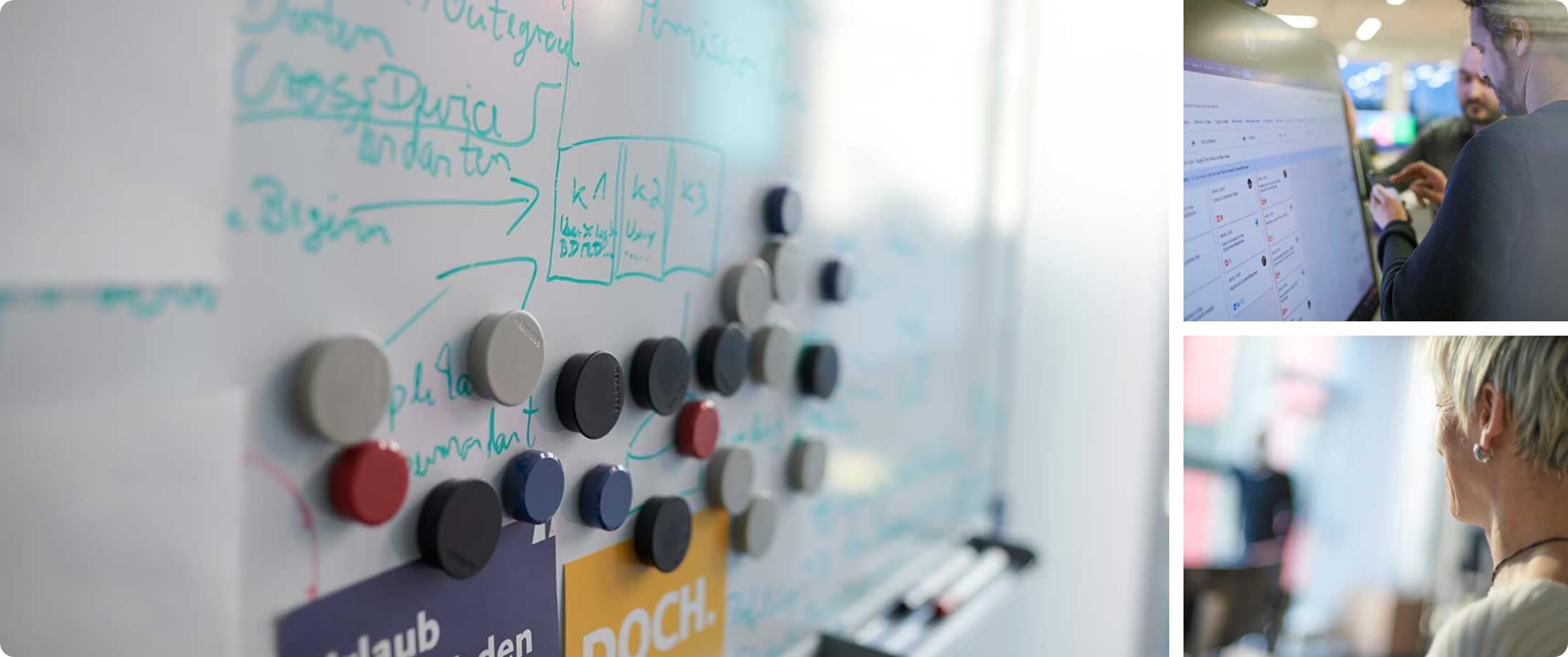 Collage aus Whiteboard mit Magneten, Touchscreen und Sticky Notes